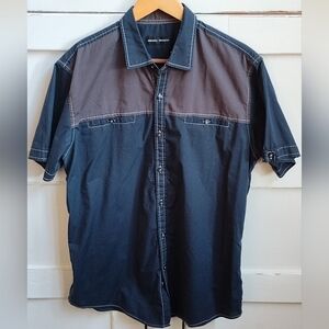 Michael Brandon Men's Navy & Grey Colorblock Short Sleeve Button-Up | Large